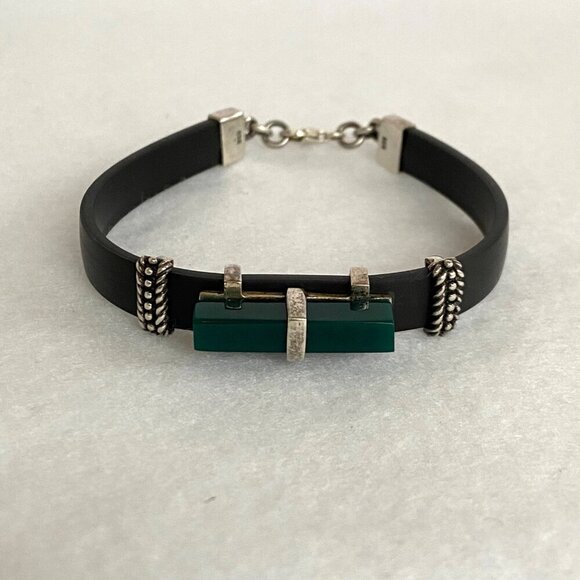 Sterling Silver 925 Rectangular Green Acrylic Black Banded Bracelet 7.5" - Picture 3 of 16